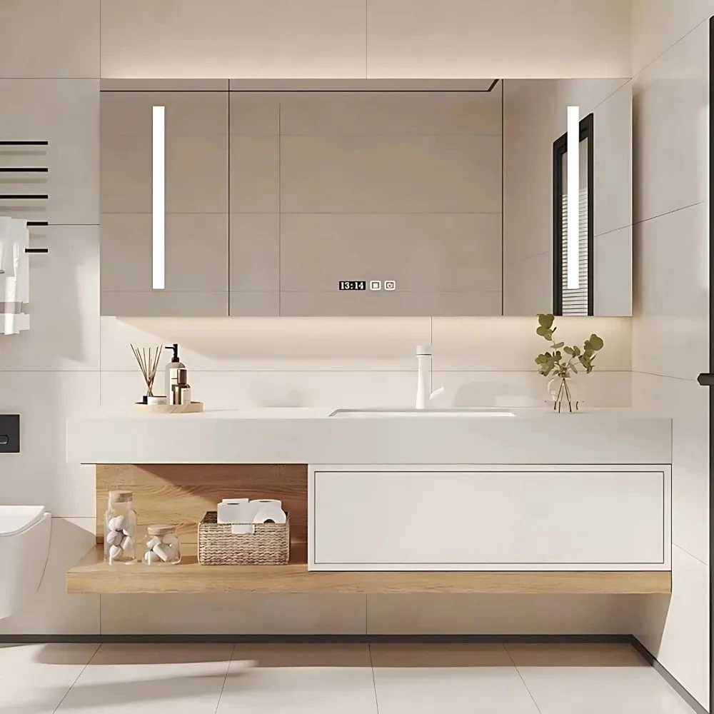 Modern Bathroom Full Set Vanity with Slab Sink Bathroom Cabinet and Defog Mirror Soild Wood Cabinet Set Large Storage Furniture