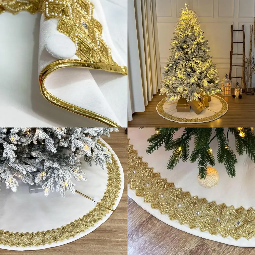 

Ivory Velvet Christmas Tree Skirt, 60-Inch, Gilded with Gold Embellishments, Foam Padded, Button Closure