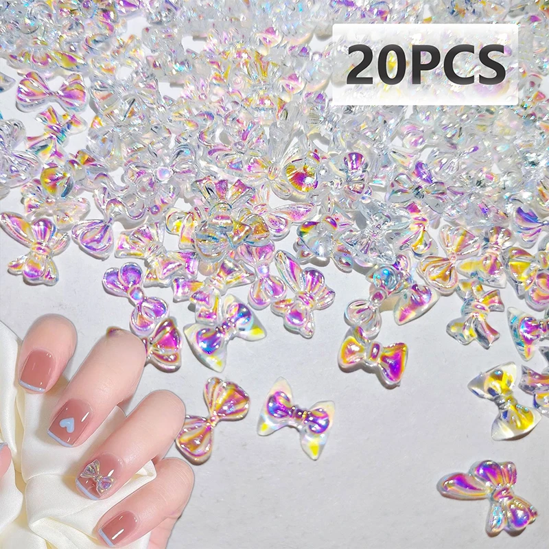 20PCS Auroras Bowknot 3D Nail Art Decoration Resin Nail Charms Jelly Color Glitter Nail Ribbon Bows Butterfly DIY Manicure Salon