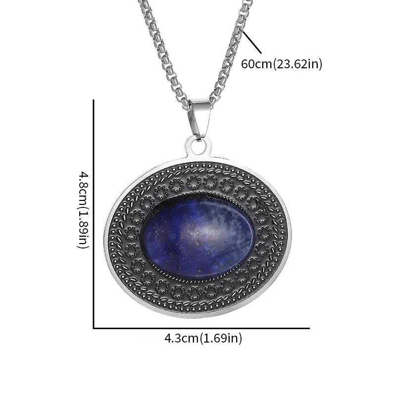 Retro Ethnic Style Oval Blue Gemstone Stainless Steel Pendant Necklace Women\\\'s Fashion Charm Hip-Hop Casual Jewelry