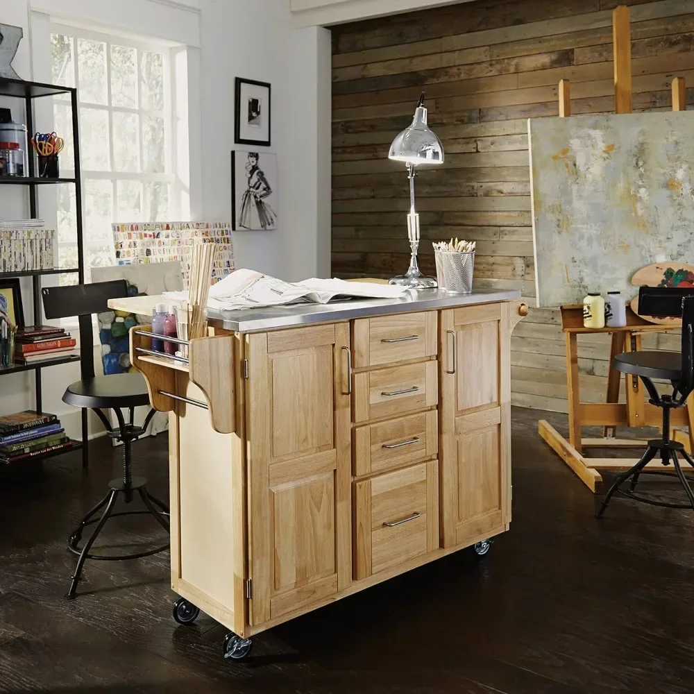 Wooden Trolleys Wheels Kitchen Cart With Breakfast Bar & Stainless Steel Top Tool Trolley Storage Microwave Oven Shelf Hand
