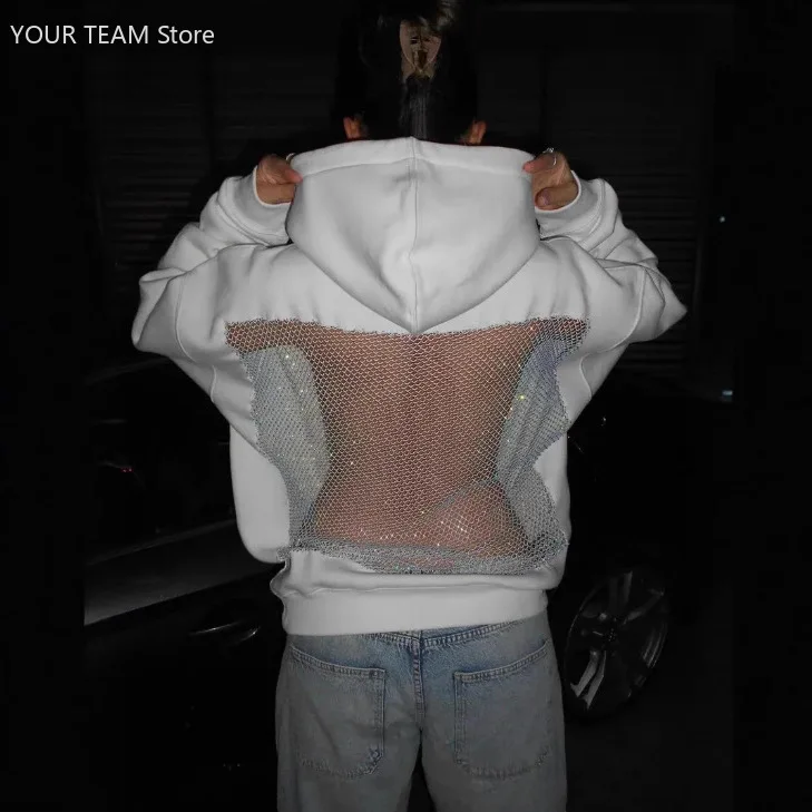 Women's Fashion Solid Color Backless Hollow - Out Mesh Hoodie Sweatshirt 2025 Autumn Winter New