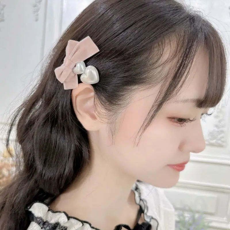 Y2K украшение для волос для девочек, бархатный бант, кукольный милый декор в виде сердца, заколка для волос, боковой зажим, головной убор, женский для Lo Girl