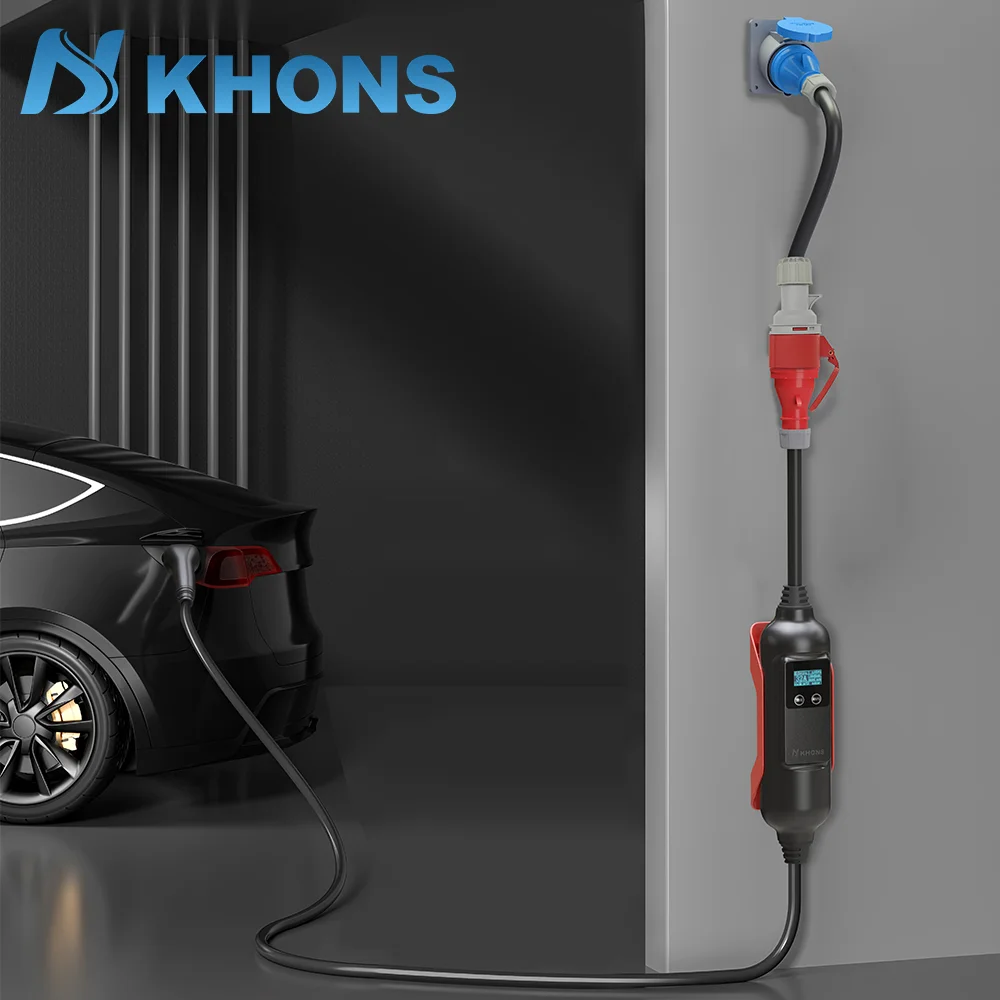 Obrázek 3: Khons EV přenosné nabíječka schuko kolíček na CEE modrá energie ženské kolíček nástrčkový adaptér modrá CEE obvázat s 32A 3phase na 32A