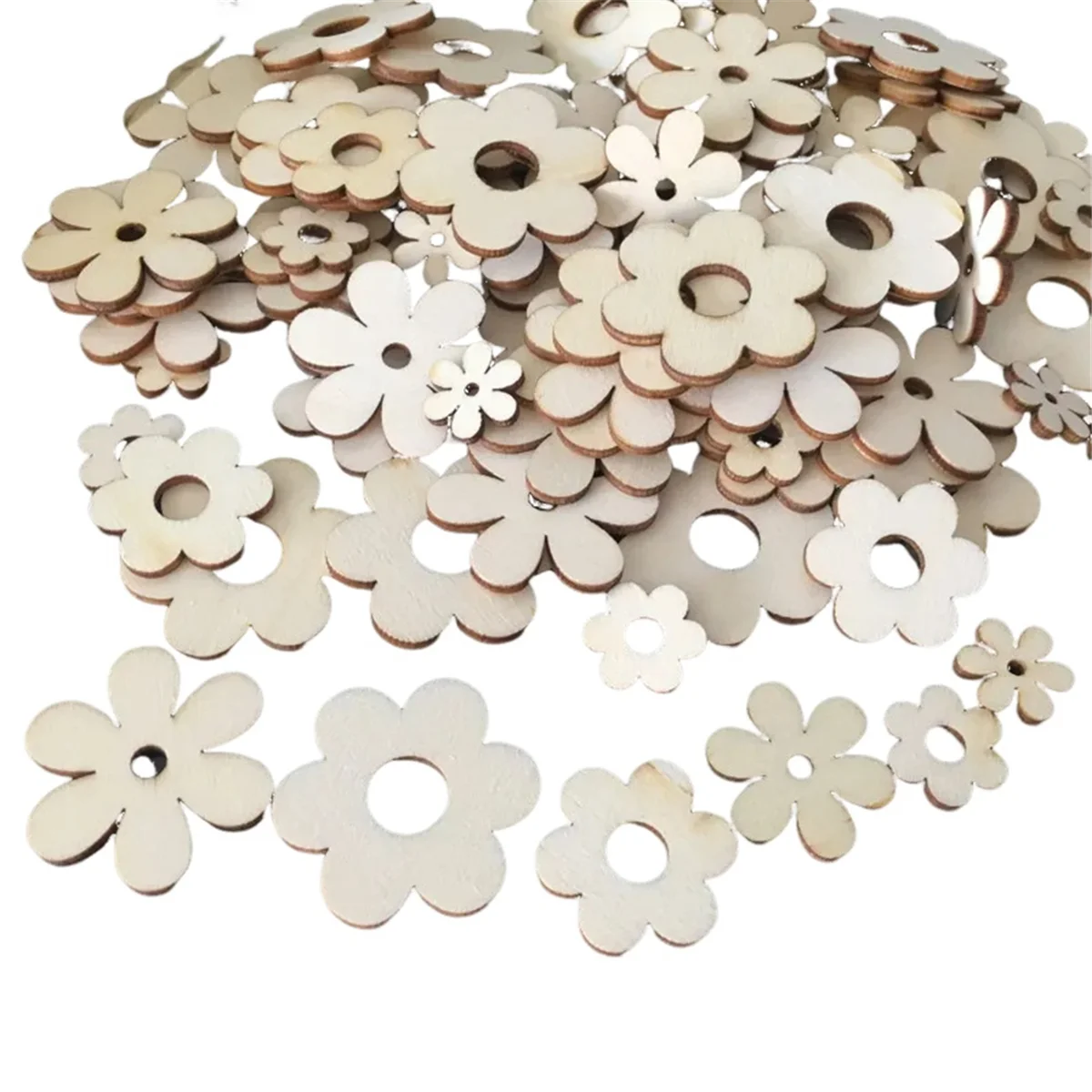 

100Pcs Wooden Flowers Ornaments with Hole Handmade Wooden Crafts Accessories for Scrapbook DIY Home Decoration