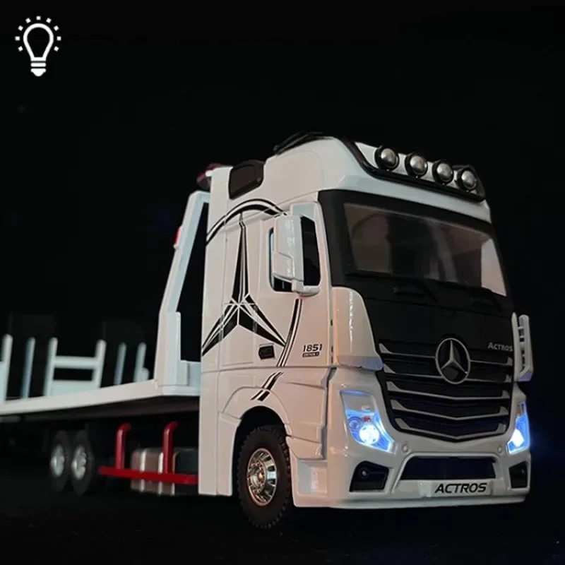 Diecast 1:24 Mercedes-Benz Flatbed Trailer Car Model Metal Transport Vehicle Sound Light Voiture Miniature Collective Kids Toys