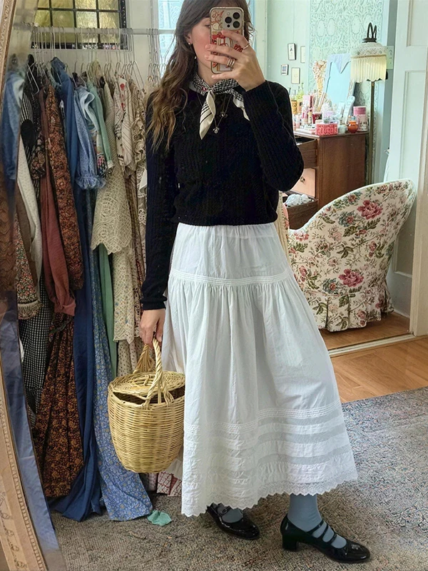 

Spring 2026 New Pure Color Floral Lace Insertion Umbrella Skirt Half Skirt Versatile Mid-Length A-Line Cotton Gored Skirt