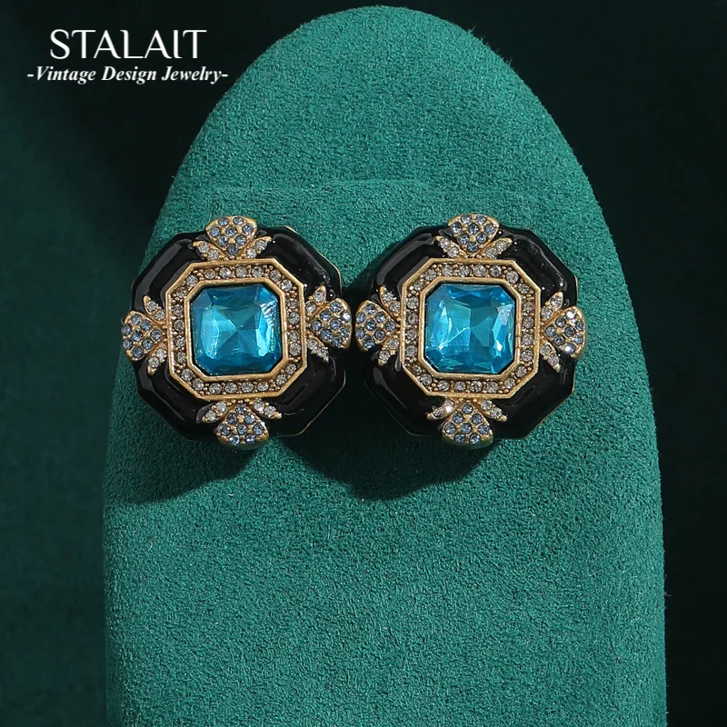 

Vintage Square Stud Earrings with Sea Blue Crystal Black Enamel Natural Stone Antique Jewelry for Woman Girl Gift Accessories