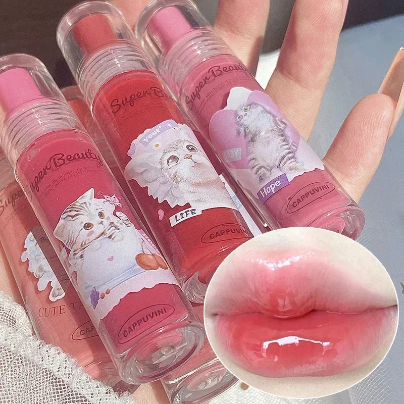 6Colors Cute Cat Lipgloss Lips Essence Jelly Lip Glaze Moisturizer Mirror Water Light Lipsticks Red Lip Tint Liquid Lip Oil Balm