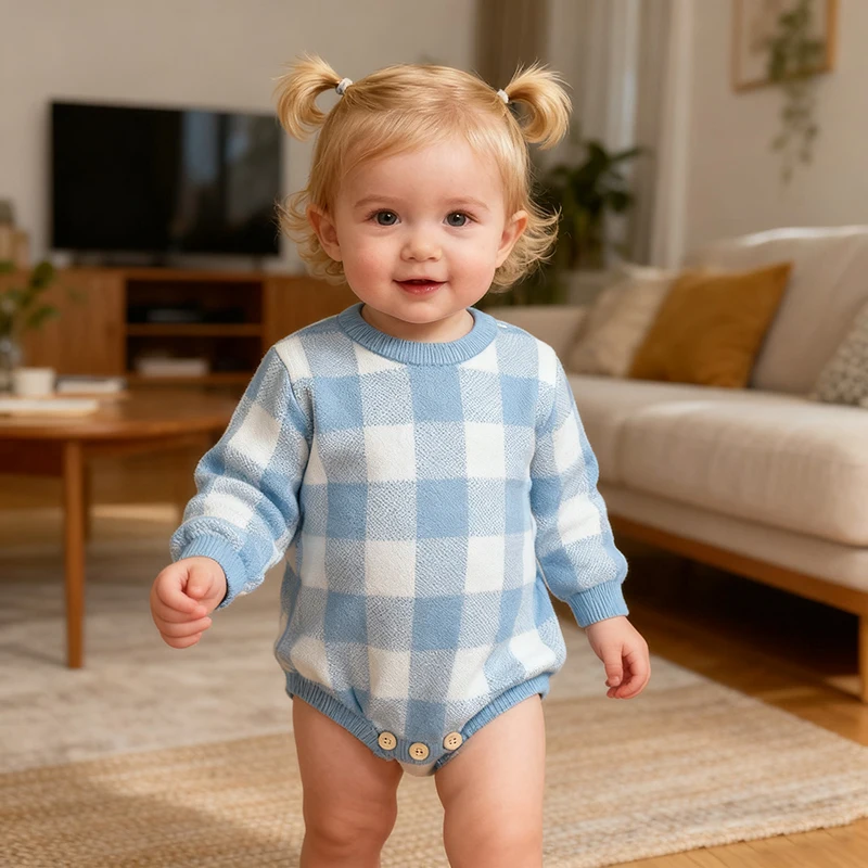 

Новый детский вязаный комбинезон для детей 0-24 месяцев, осенний комбинезон для маленьких девочек с длинными рукавами, сине-белая клетчатая одежда для новорожденных, комбинезоны для младенцев
