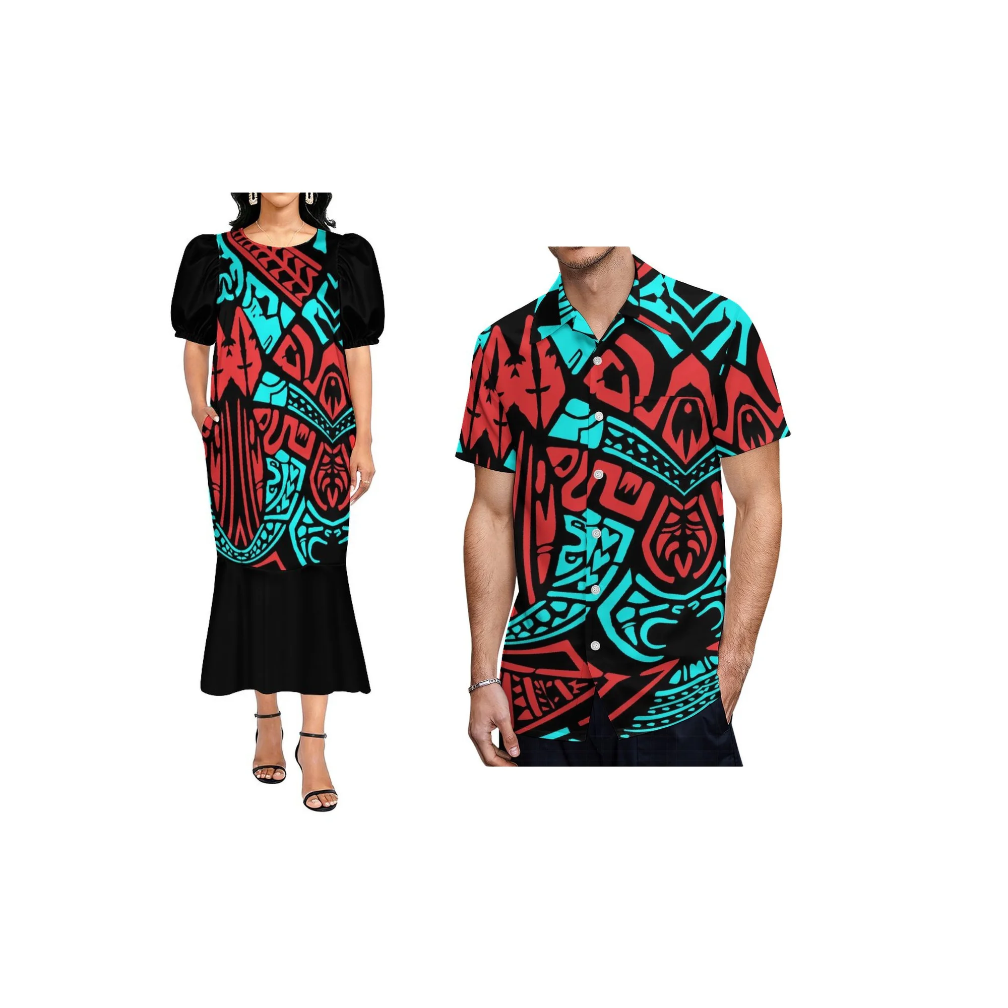 Ropa de Pareja con Diseño Personalizado de las Islas del Pacífico, Vestido Muumuu de Micronesia para Mujer, Vestido Muumuu con Cola de Pez y Camisa Casual para Hombre con Cuello Rígido