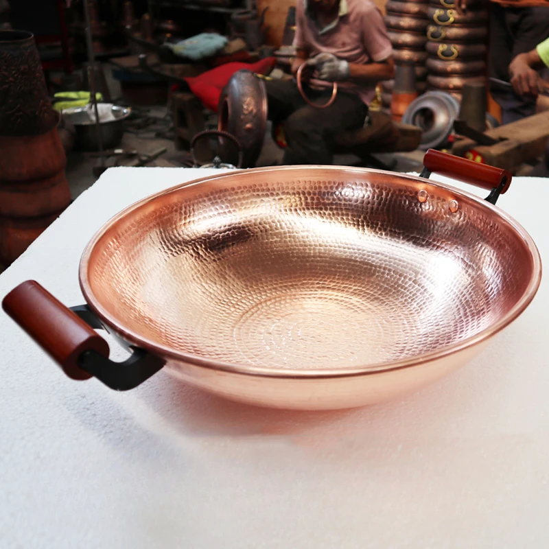 Handmade Copper Woks, Thickened Copper Wok, Kitchen Cookware Cooking Pot , LPG Gas Special Copper Soup Pots Non Stick Pans