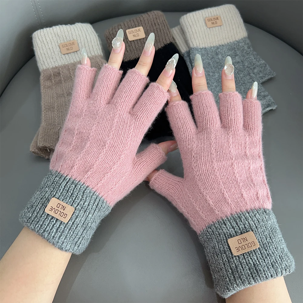 Winter Knitted Fingerless Gloves Half Finger Touchscreen Knitted Thicken Wool Warm Label Thick Elastic Outdoor Driving Gloves