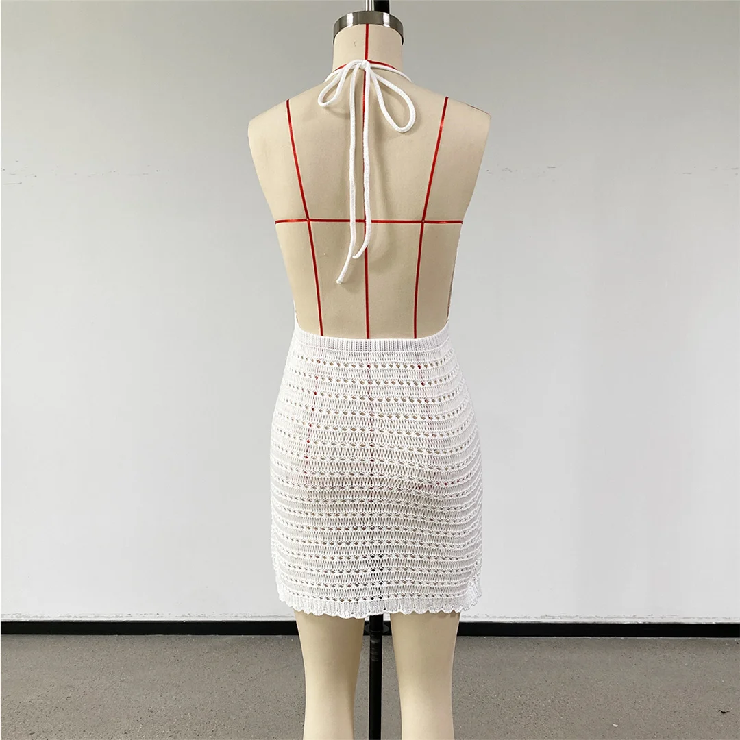 V-Ausschnitt, halterneck, rückenfrei, einfarbig, gehäkelt, gestrickt, Tunika, Strand-Überwurf, Strandkleid, Strandmode, Damen, V8374 – Detail 13
