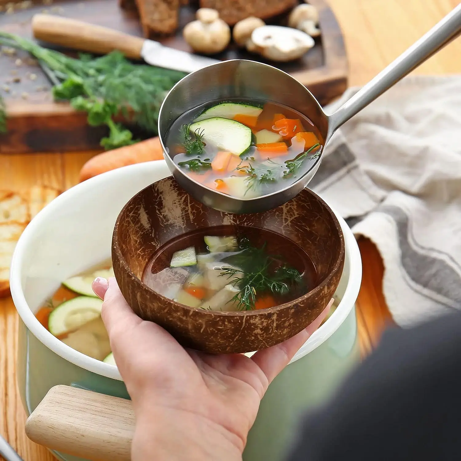 Bols en noix de coco pour servir des plats, salade en bois, bol réutilisable, ustensiles de service, bols en coquille de noix de coco naturelle, fête du petit déjeuner