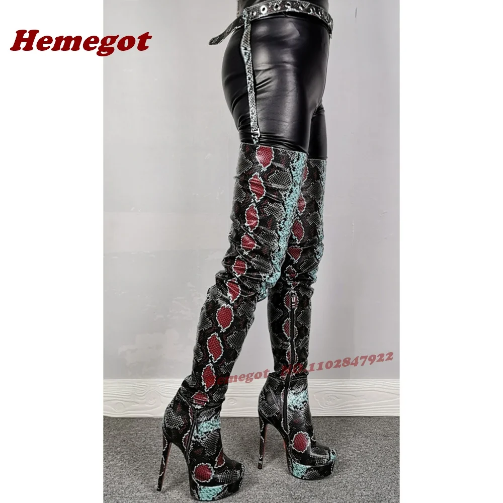 Piattaforma in pelle di serpente Pantaloni alti alla coscia Stivali Punta tonda Tacchi a spillo Stivali lunghi da donna con fibbia a cintura Cerniera laterale Scarpe di lusso