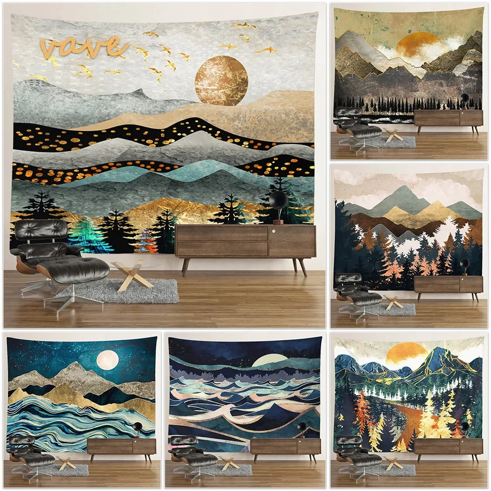 Psychadelic Mountain Tapestry Sun and Moon Landscap Large Fabric Tapestry Wall Hanging Boho Hippie Cloth Room Decor Aesthetic