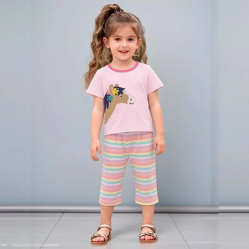 

Детская одежда Little maven для девочек, летние хлопковые комплекты 2026: футболки с мультяшными единорогами и лошадьми + брюки