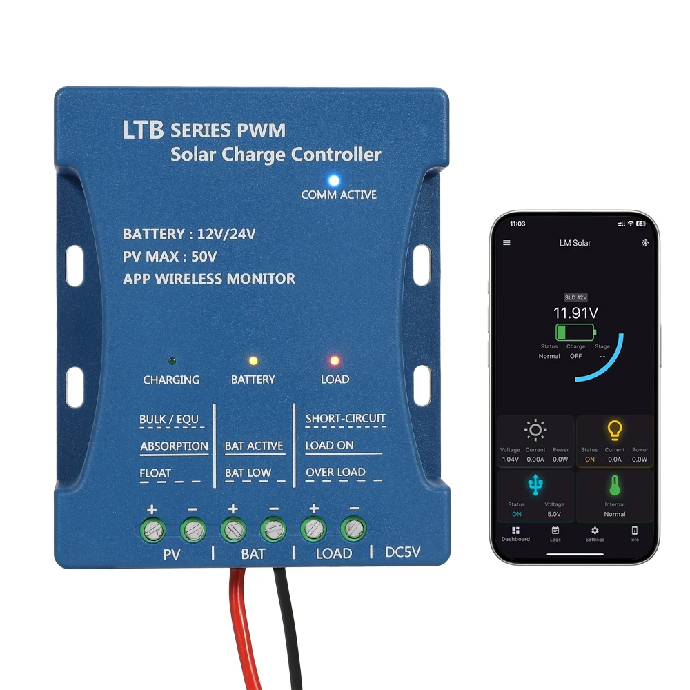 Solar Charge Controller bluetooth Regulator 12V/24V Intelligent PWM for Lead Acid, LiFePO4, Lithium Batteries PV Panel Max 50V