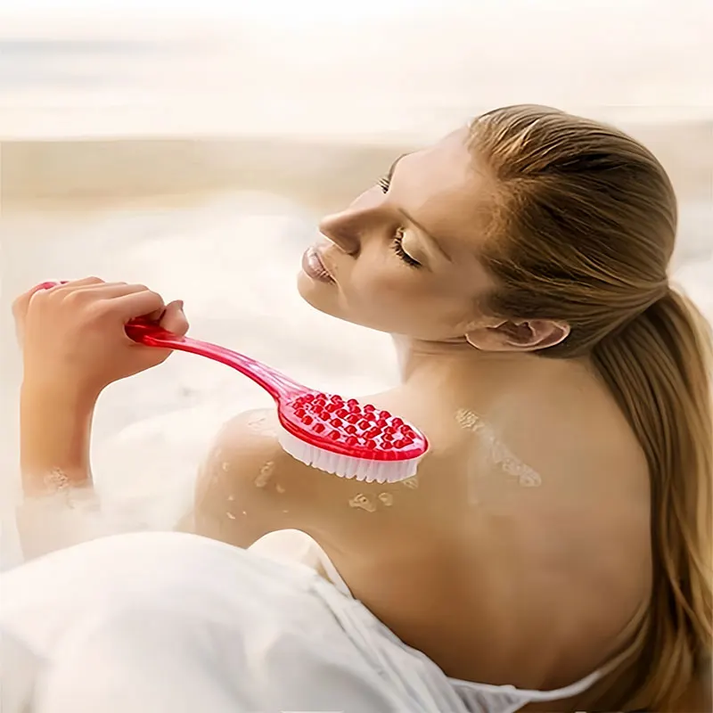 Long Handled Bath Brush, Size 14.37*2.76*1.18 Inches, Suitable For Showering And Scrubbing The Back In The Bathroom. It Has Soft