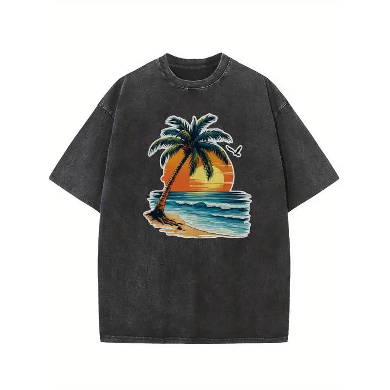 

Tropical Beach T-Shirt Unisex Washed Retro Sunset Graphic Tee Vacation Palm Tree Ocean Wave Cotton Top Holiday Gift