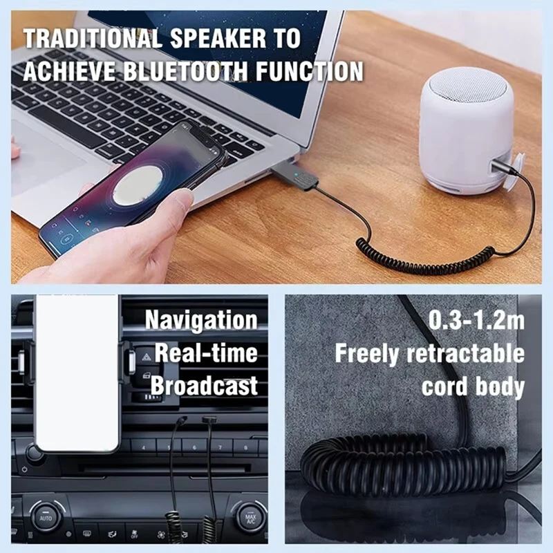ABSQ-بلوتوث 5.2 استقبال الصوت ستيريو دونغل USB إلى 3.5 مللي متر AUX جاك سيارة لاسلكية يدوي لمجموعة السيارة مكبر الصوت