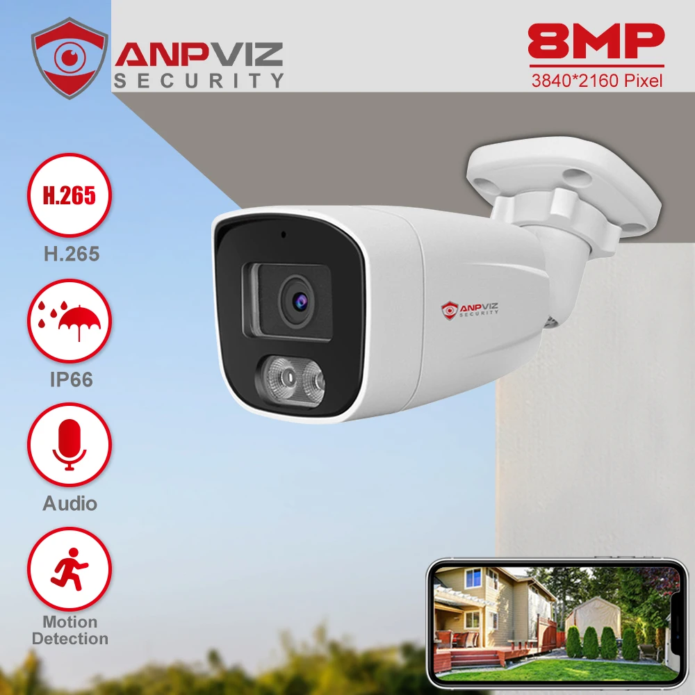 Anpviz 4MP POE IP Camera Outdoor Security PoE H.265 CCTV Video Surveillance Camera 2.8mm Lens Remote View Audio IR 30m IP66 P2P