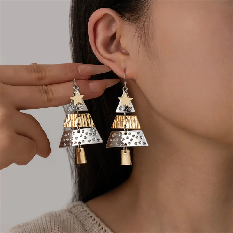 Vintage Metal Christmas Tree Long Drop Earrings for Fashion Women Girls Holiday Party Jewelry Acccessories Christmas Gift