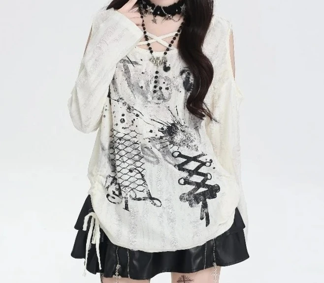 

Spring and Autumn New Sweet Spicy Design Cross Strap Off-Shoulder Versatile Top Drawstring Loose Printed Long Sleeve T-Shirt