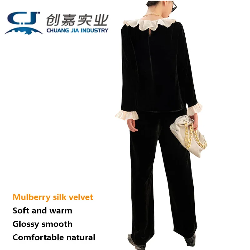 

Real silk Velvet Spring Autumn Women's Long Sleeve Straight Trousers Set Ruffled Edge Light Luxury Smooth Luster Good Quality
