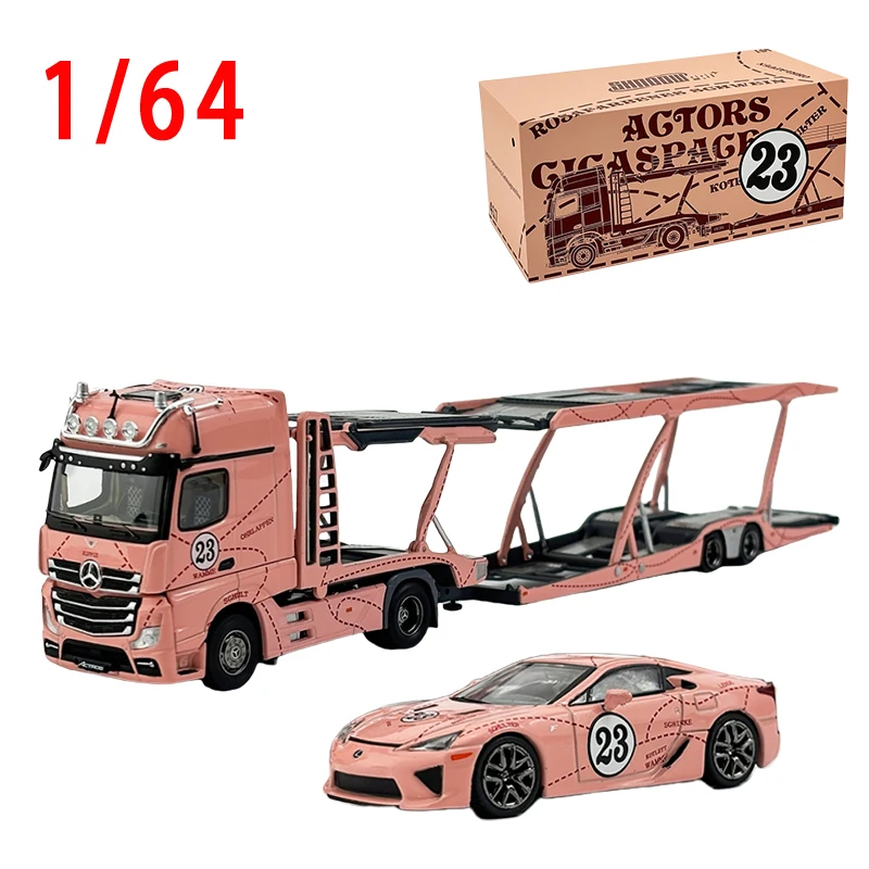 Diecast 1/64 Scale Mercedes Benz Pink Pig LFA Actros Double Trailer Model Alloy Pink Pig Sports Car Model Collection Ornaments