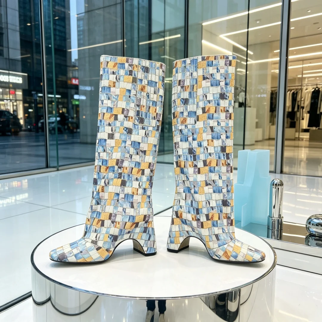 Checkerboard Squares Pattern Print Decorate High-Top Boots For Women Colorful Colors Full Cowhide Leather Long Knee-High Botas
