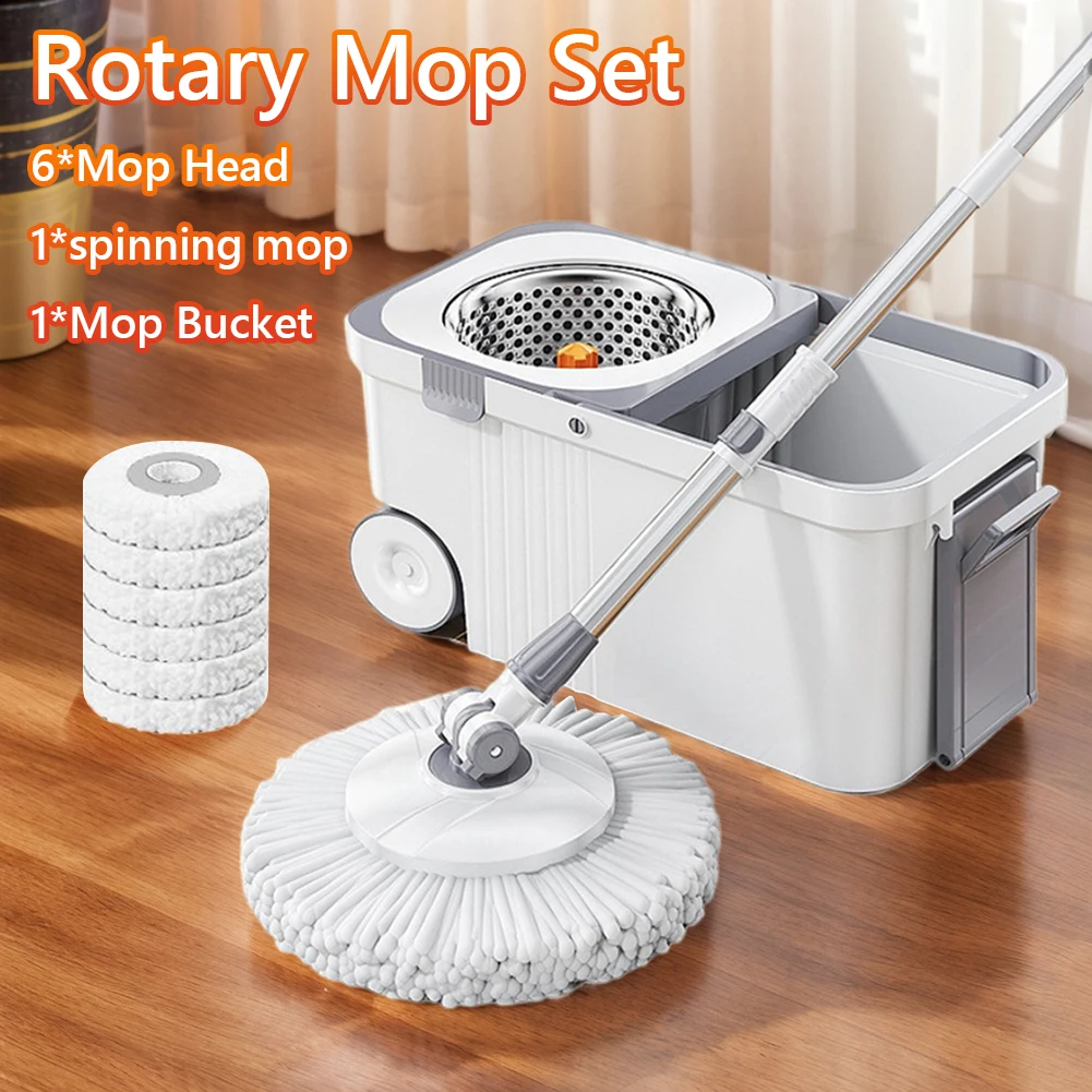 Hand Free Floor Mop Bucket Set with 6 Replacement Head Refills For Home Floor Cleaning Microfiber Pads Automatic Dehydration Mop