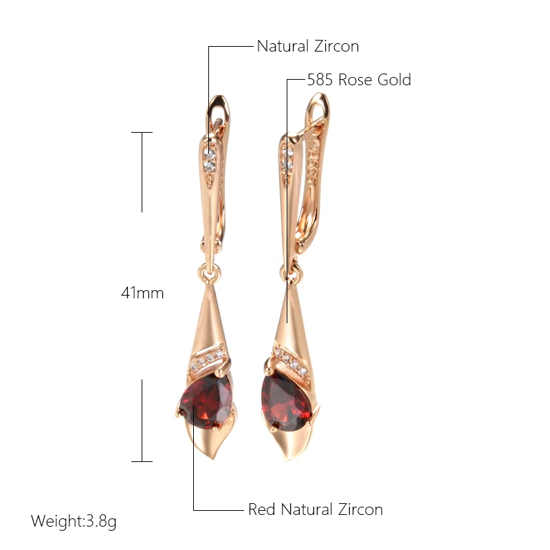 Kinel New 585 Rose Gold Color Long Dangle Earrings For Women Red Natural Zircon Bride Drop Earrings Vintage Wedding Jewelry