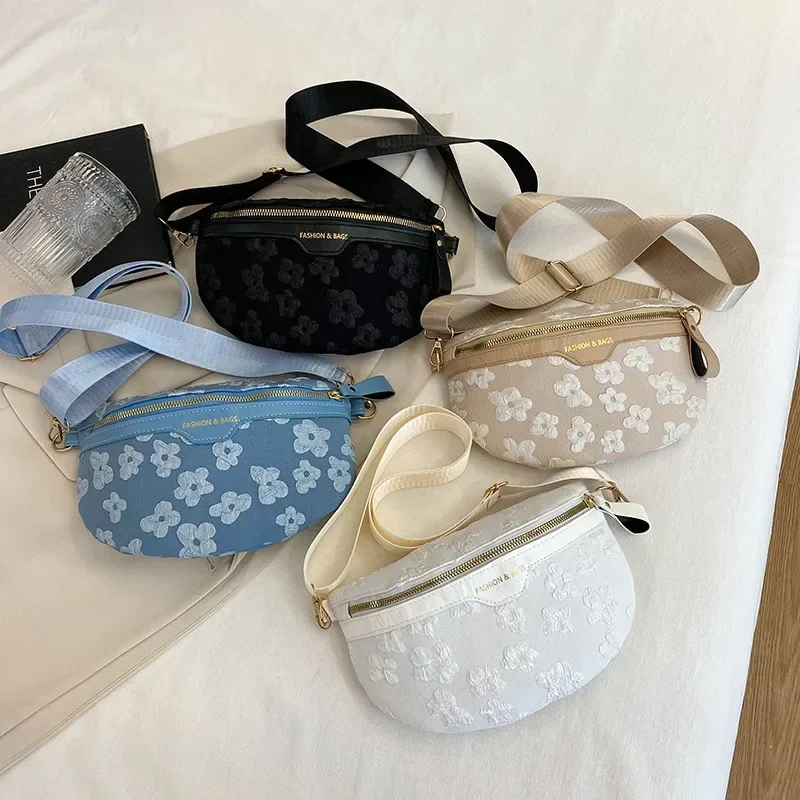 2024 Flower Soft Fabric Waist Bag Fashion Embroidered Leisure leisure Women's Wide Backband Shoulder Crossbody Chest Bag