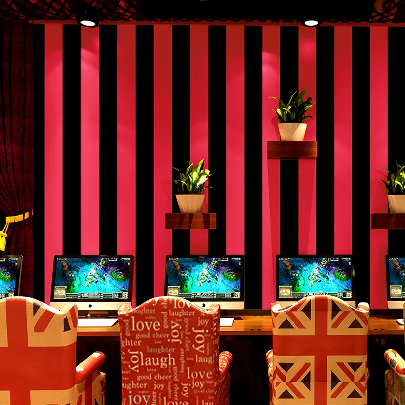 Red and Black Vertical Stripe Wallpaper for Hair Salon Modern Internet Cafe Hotel and Gaming Room Commercial Wall Decoration