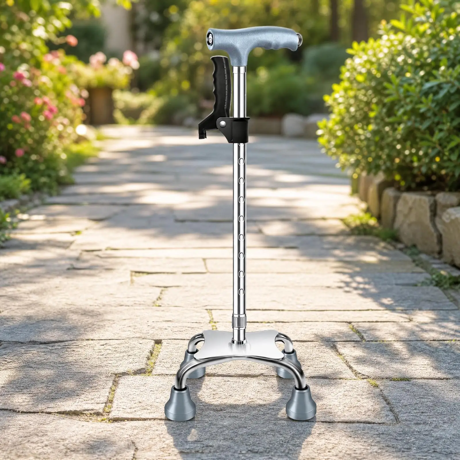 Adjustable Four Prong Walking Cane Aluminum Alloy Quad Base for Seniors Stability Support with Offset Grip