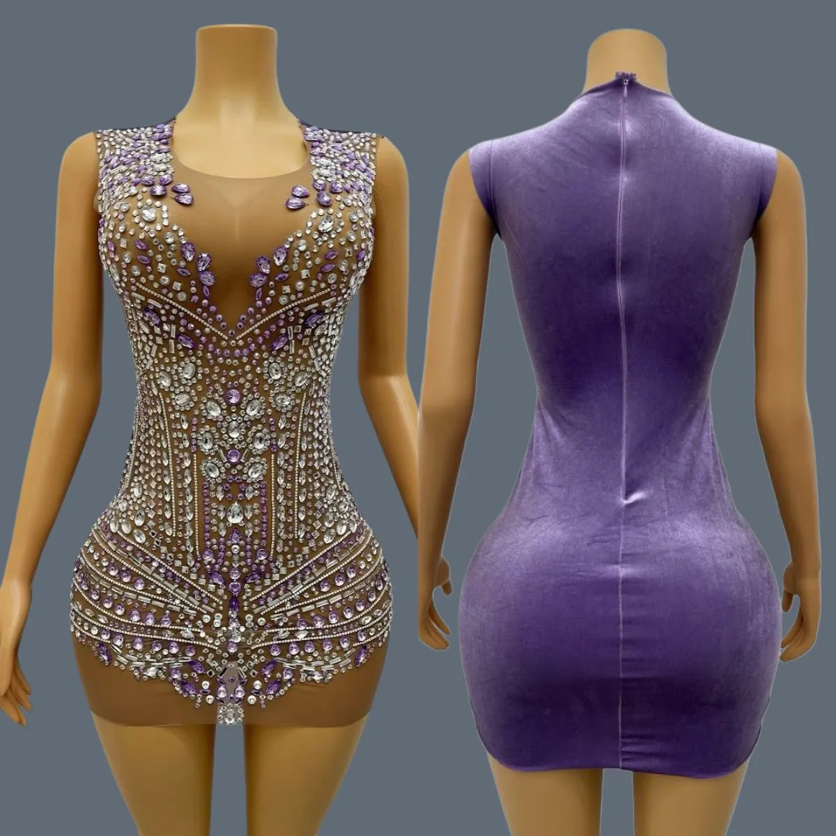 

Sparkly Crystals Mini Dress Back Velvet Sleeveless See Through Mesh Cocktail Dress Birthday Celebrate Party Evening Dress Baixue