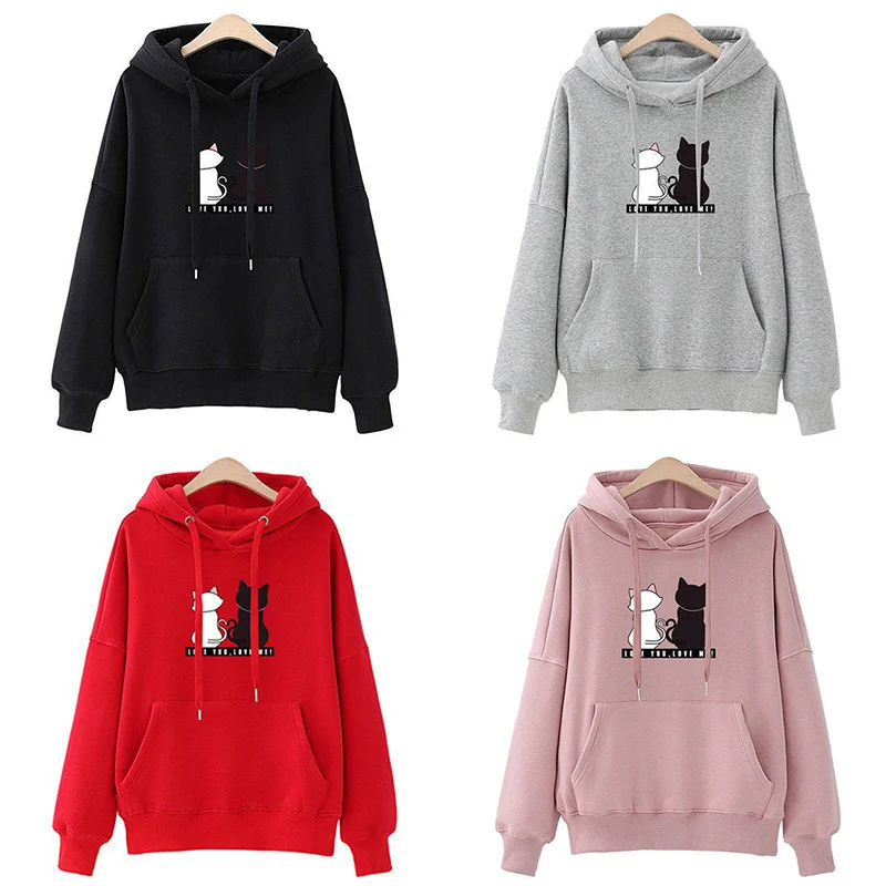 Autumn Hoodie Women's Casual Hooded Sweatshirt Creative Hoodie Matching Streetwear Cute Cat Pattern Monogram Hoodie