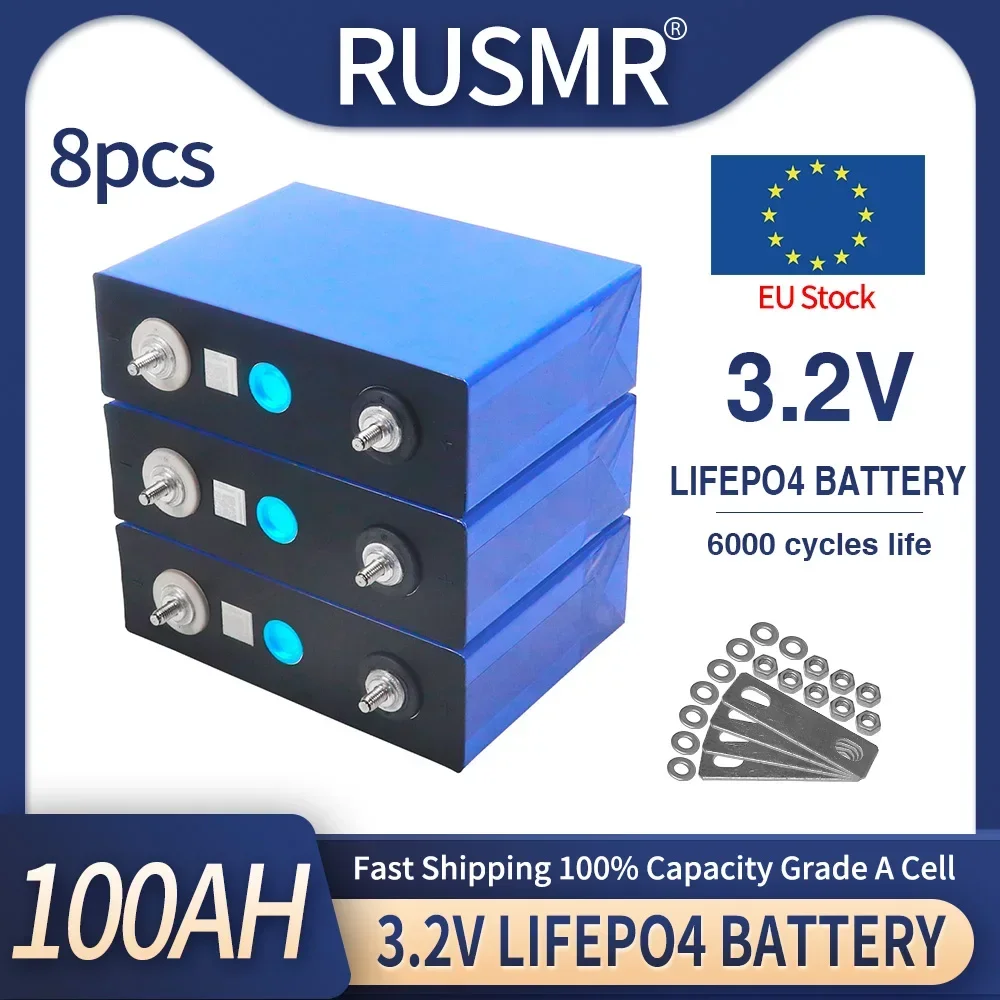 8pcs Grade A 3.2V 100Ah Lifepo4 Battery Can be Combined into 12V 24V 36V 48V Rechargeable Cell Pack For Boat Golf Cart RV Solar