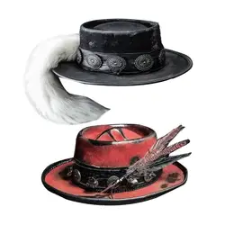 Gothic Woman Men Cowboy Hat with Feather Decor for Halloween Elegant Lady Felt Skull Pattern Hat Windproof for Adult