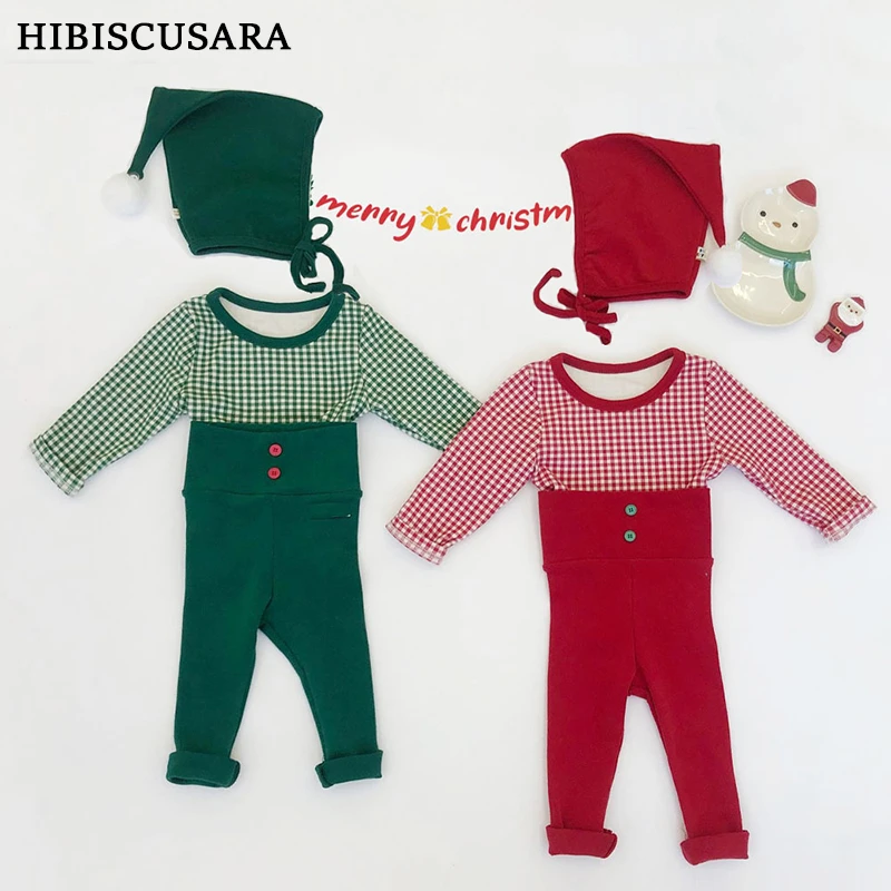 INS Style Chic Baby Christmas Clothing Sets Plaid Top High Waist Pants Hat Sets Coral Fleece Vest Waistcoat For Xmas New Year