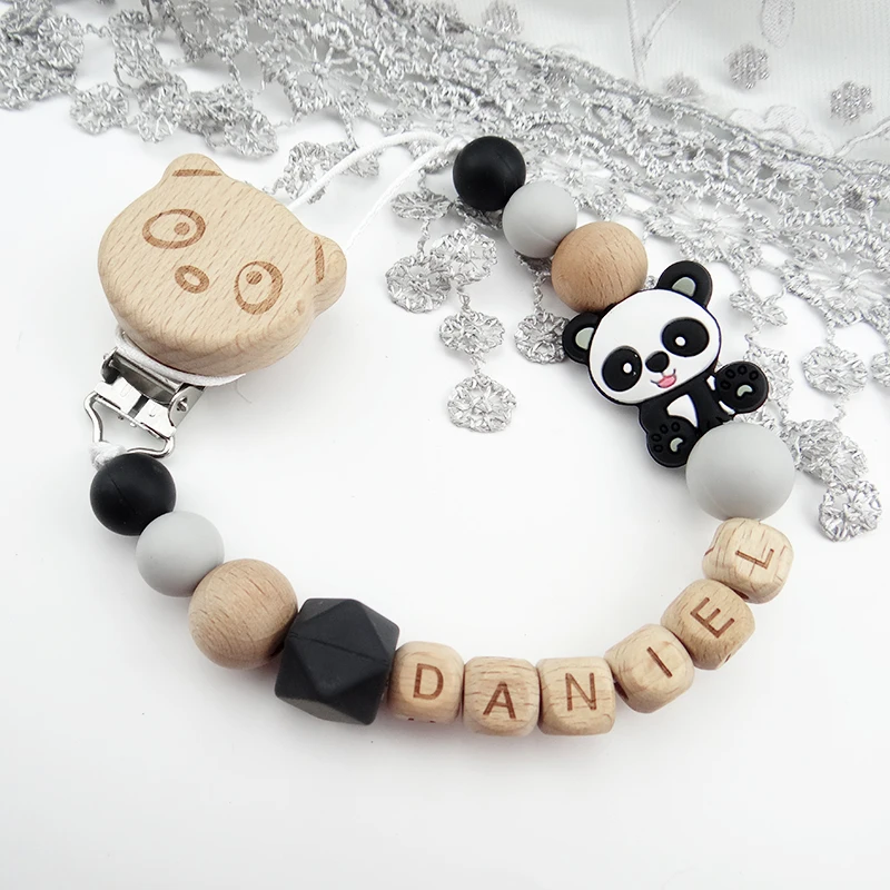 Cartoon Style Personalized Name Pacifier Clips Wooden Dummy Chain Silicone Beads Baby Clip BPA Free Nipple Attachment Necklace