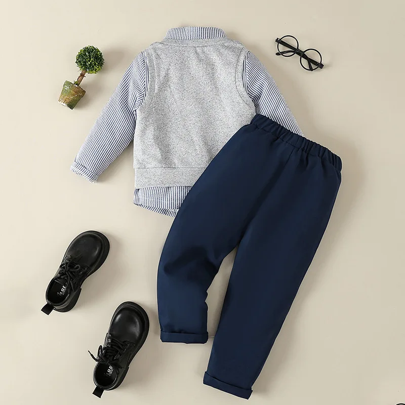 Boys Autumn Thin Gentleman Dress Blue Stripe Bow Shirt+Grey Thin Vest+Pants Three Piece Party Dress Set