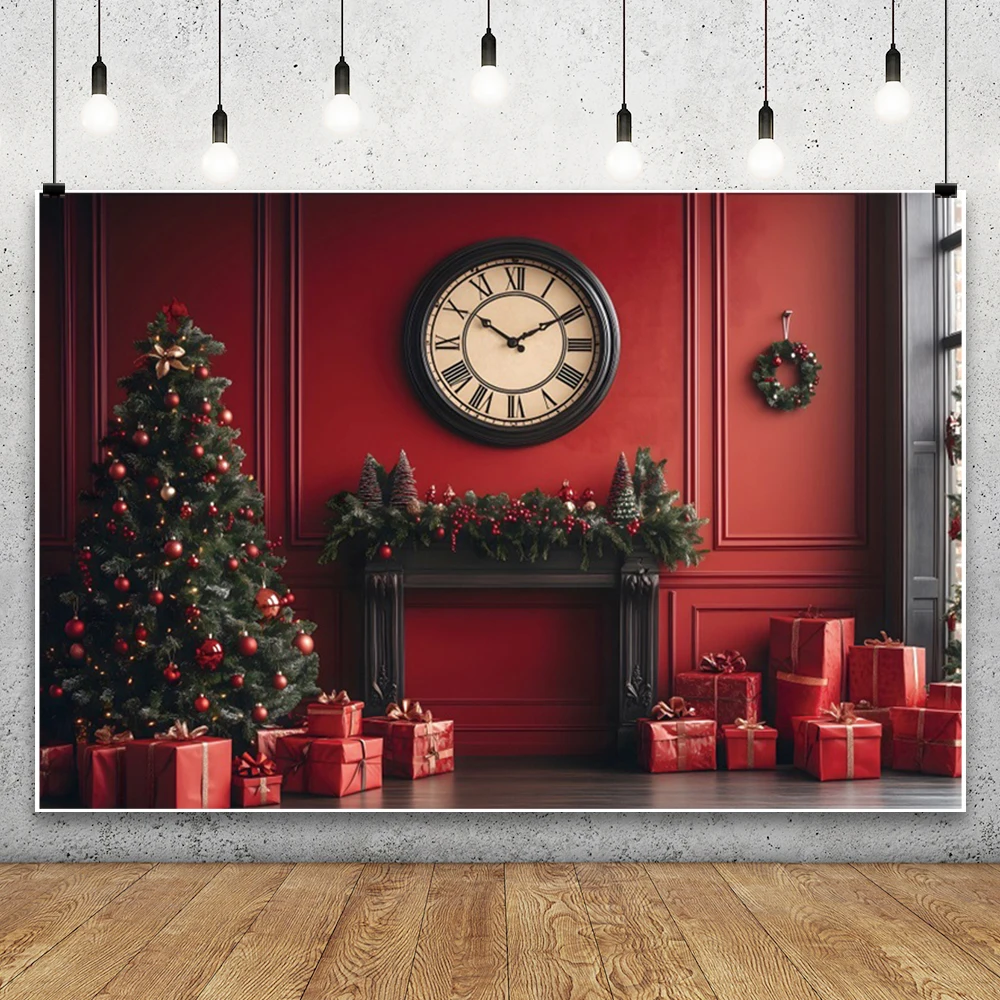 Fondo de Navidad rojo fotografía gigante Año nuevo reloj árbol de Navidad regalo chimenea invierno niños familia decoración interior telones de fondo