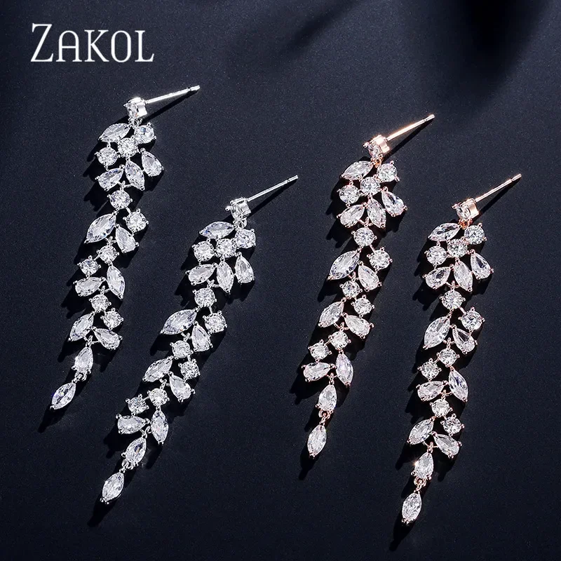 ZAKOL Fashion Zirconia Leaf Long Dangle Earrings For Women White Leaves Drop Earring Bridal Wedding Jewelry Gifts