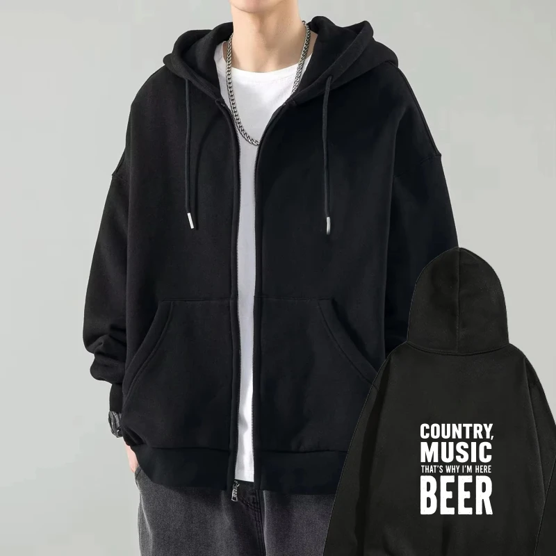 

Men's Hooded Jacket Black Country Music and Beer Print Casual Outdoor Streetwear for Men