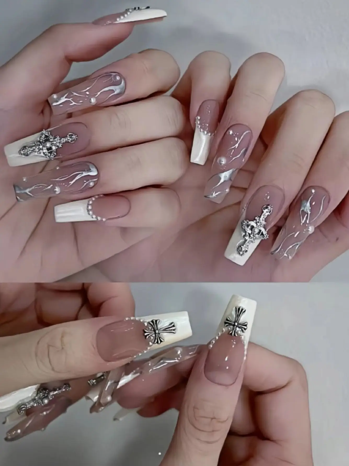 10-Piece Set of Nude White Gradient Silver Line Cross Nail Art, Cool and Sweet Y2K Style, Transparent Base + Milky White French Gradient, Flowing Silver-White Ink Lines, Retro Metal Cross + Pearl Embellishment, High-End and Atmospheric