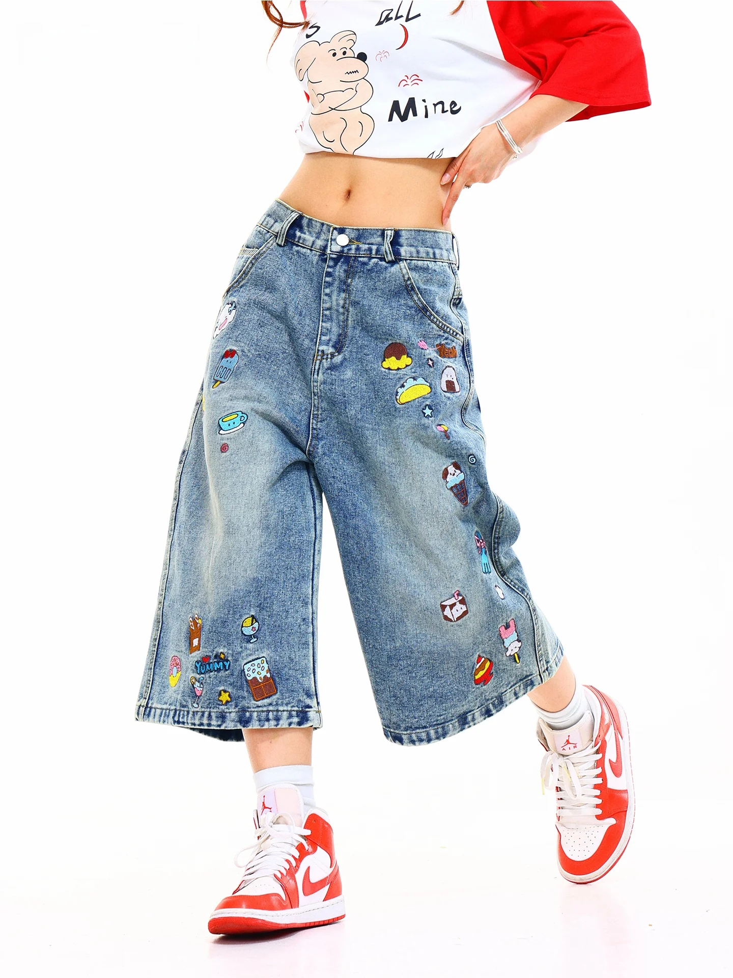 Light Blue American Style Embroidered Wide Leg Jeans Women Summer Vintage Loose Fit Shorts Casual Wear Resistant Denim