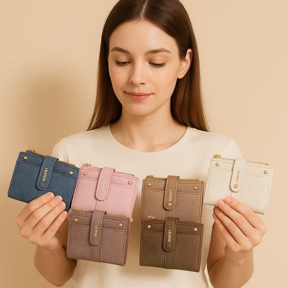 

Ins Elegant Women Short Wallet Large Capacity Zipper Closure Business Card Holder Compact Solid Color Brand Female Purses Lady